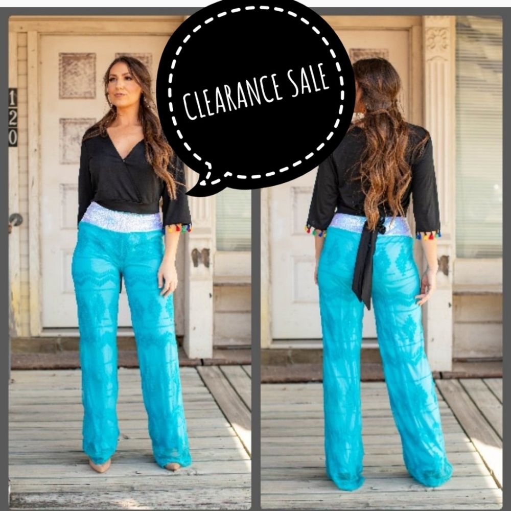 New Women's L & B Blue Boho Lined Gaucho pants with silver sequin waist line